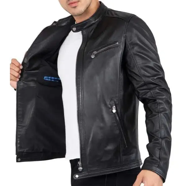 Men's Real Lamb Genuine Leather Black Slim Fit Biker Jacket