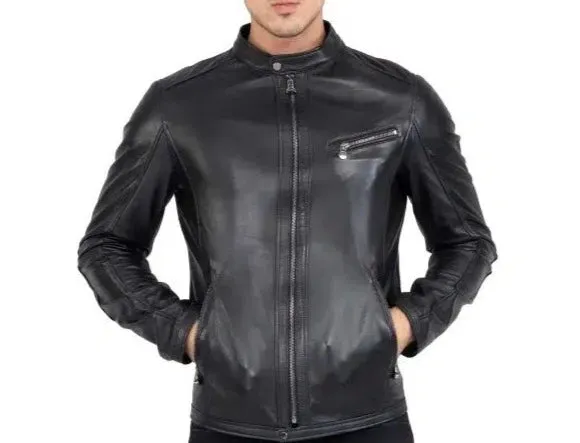 Men's Real Lamb Genuine Leather Black Slim Fit Biker Jacket