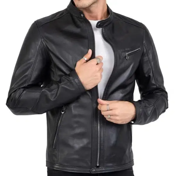 Men's Real Lamb Genuine Leather Black Slim Fit Biker Jacket