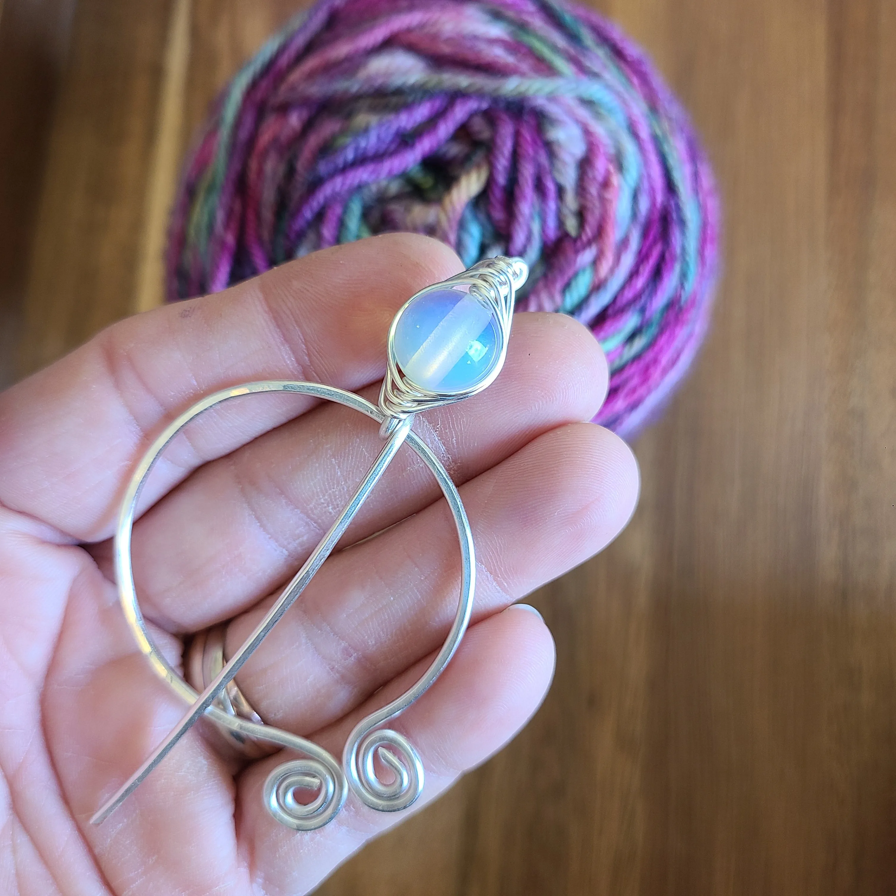 Opalite Penannular Shawl Pin in Silver