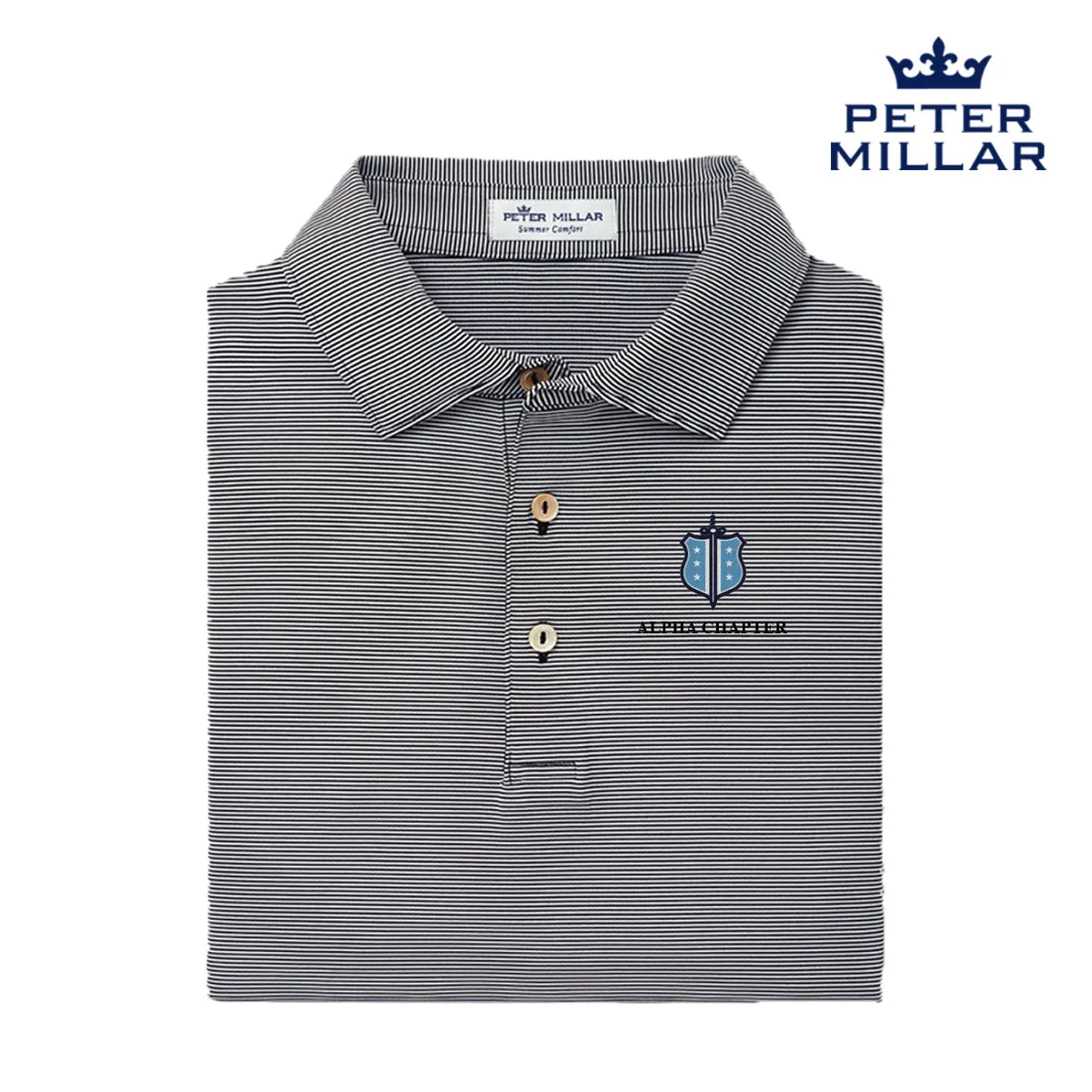 Phi Delt Personalized Peter Millar Jubilee Stripe Stretch Jersey Polo with Crest