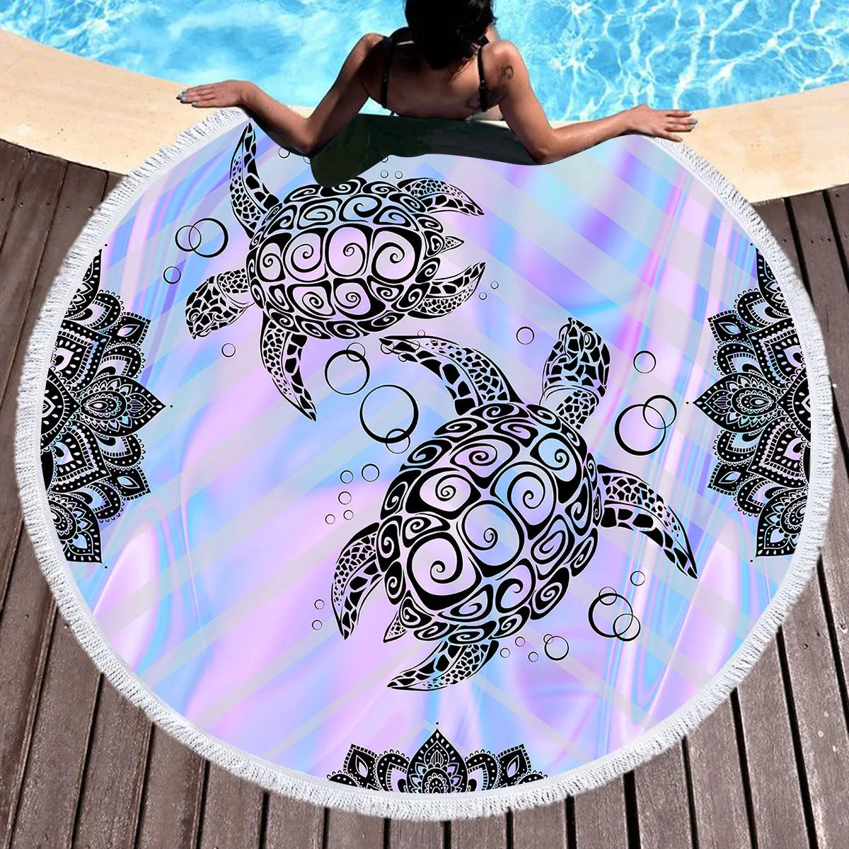 Rainbow Turtle Twist Round Beach Towel