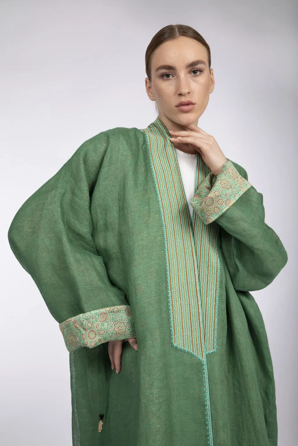 RMDSB2303 Green Mesh and Printed Georgette Kimono