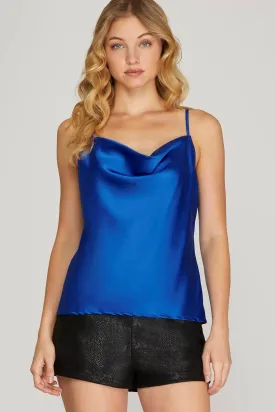 Satin Cowl Neck Cami Top - Royal Blue