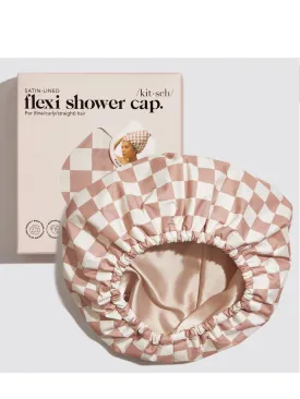 Satin Lined Flexi Shower Cap, Terracotta Checker