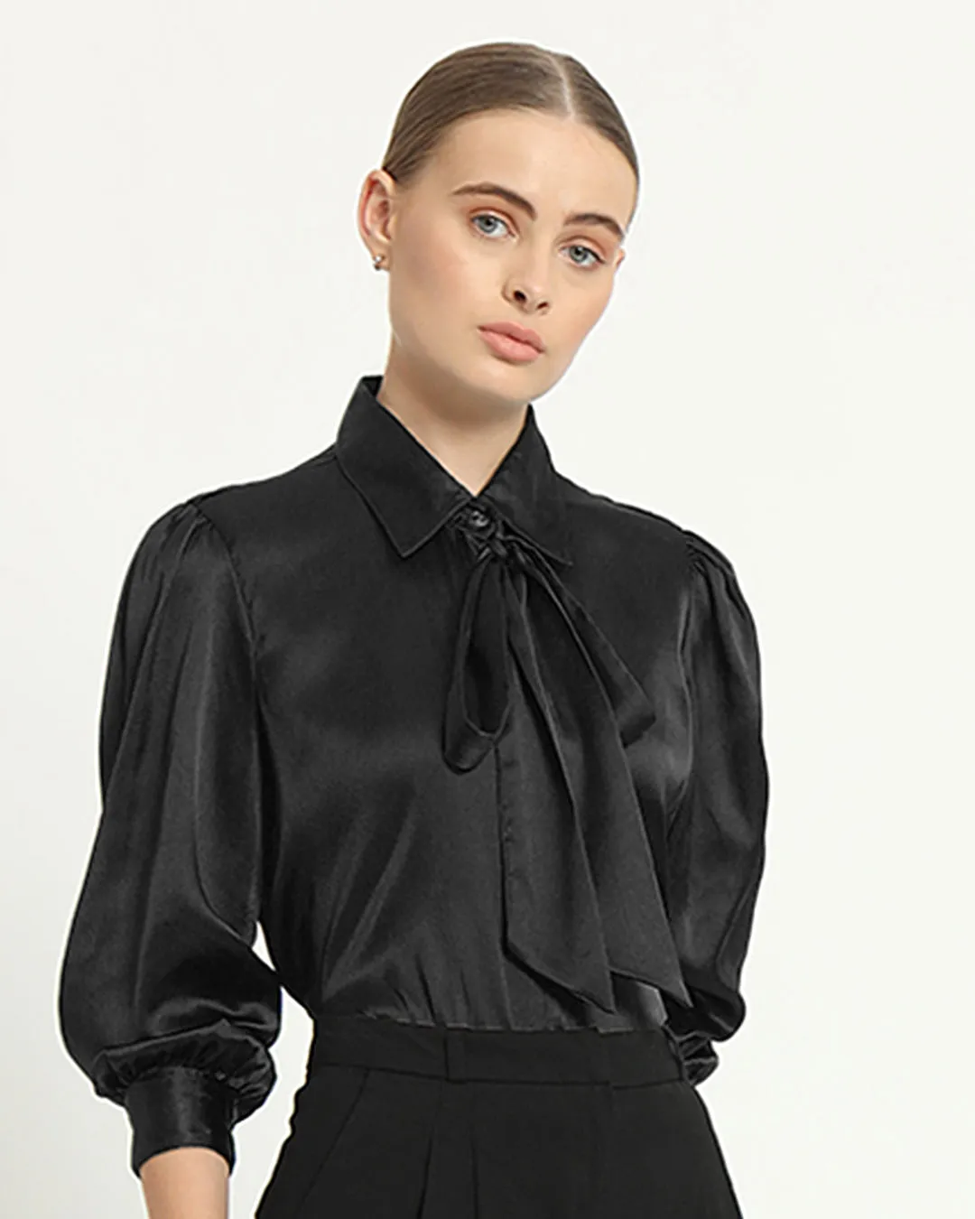 Satin Tie Collar Black Shirt