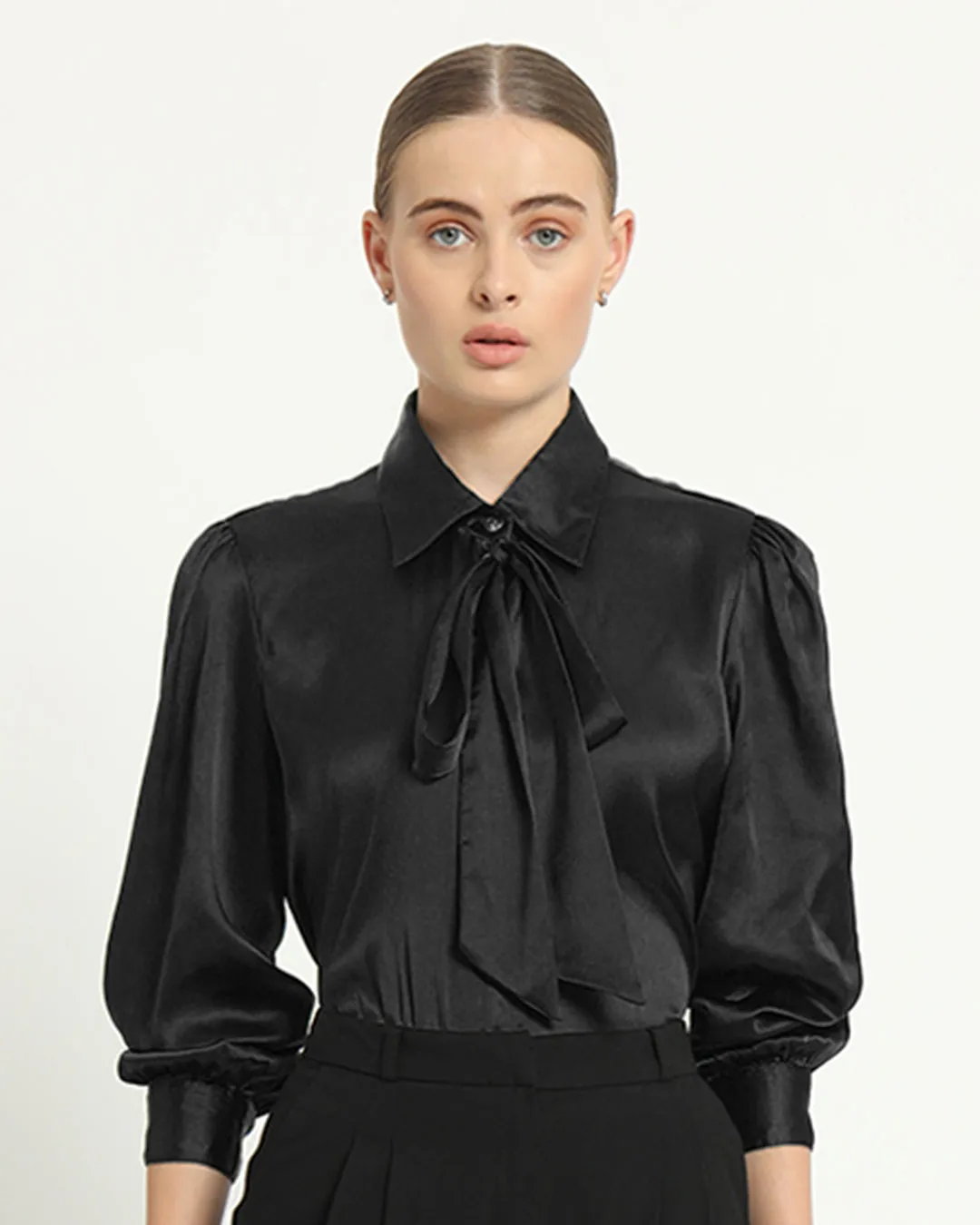 Satin Tie Collar Black Shirt