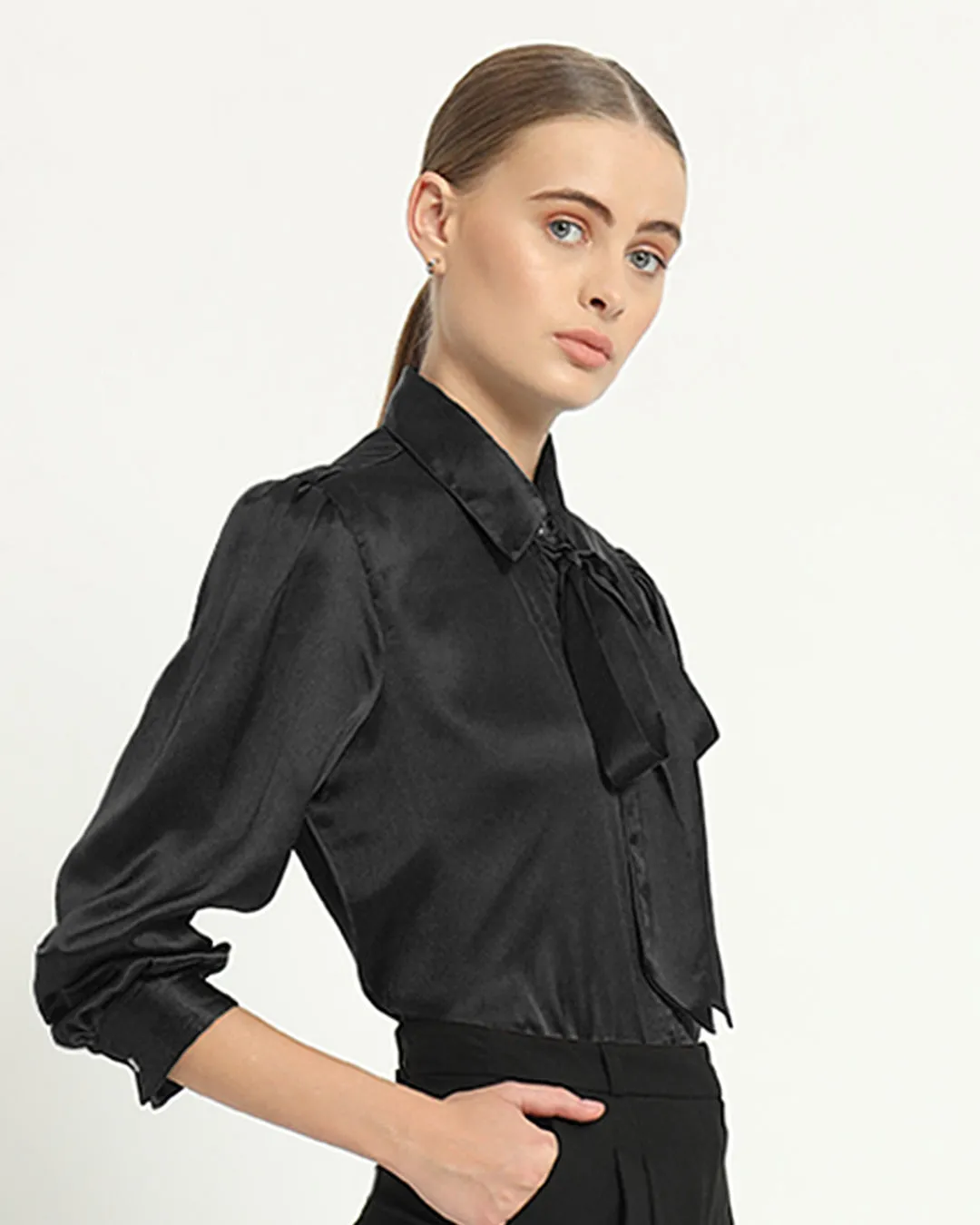 Satin Tie Collar Black Shirt