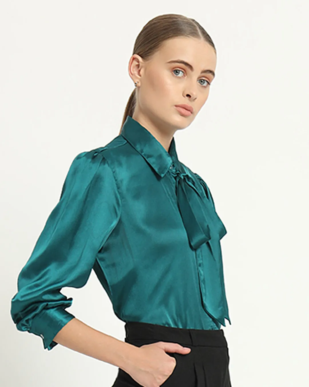 Satin Tie Collar Deep Teal Shirt