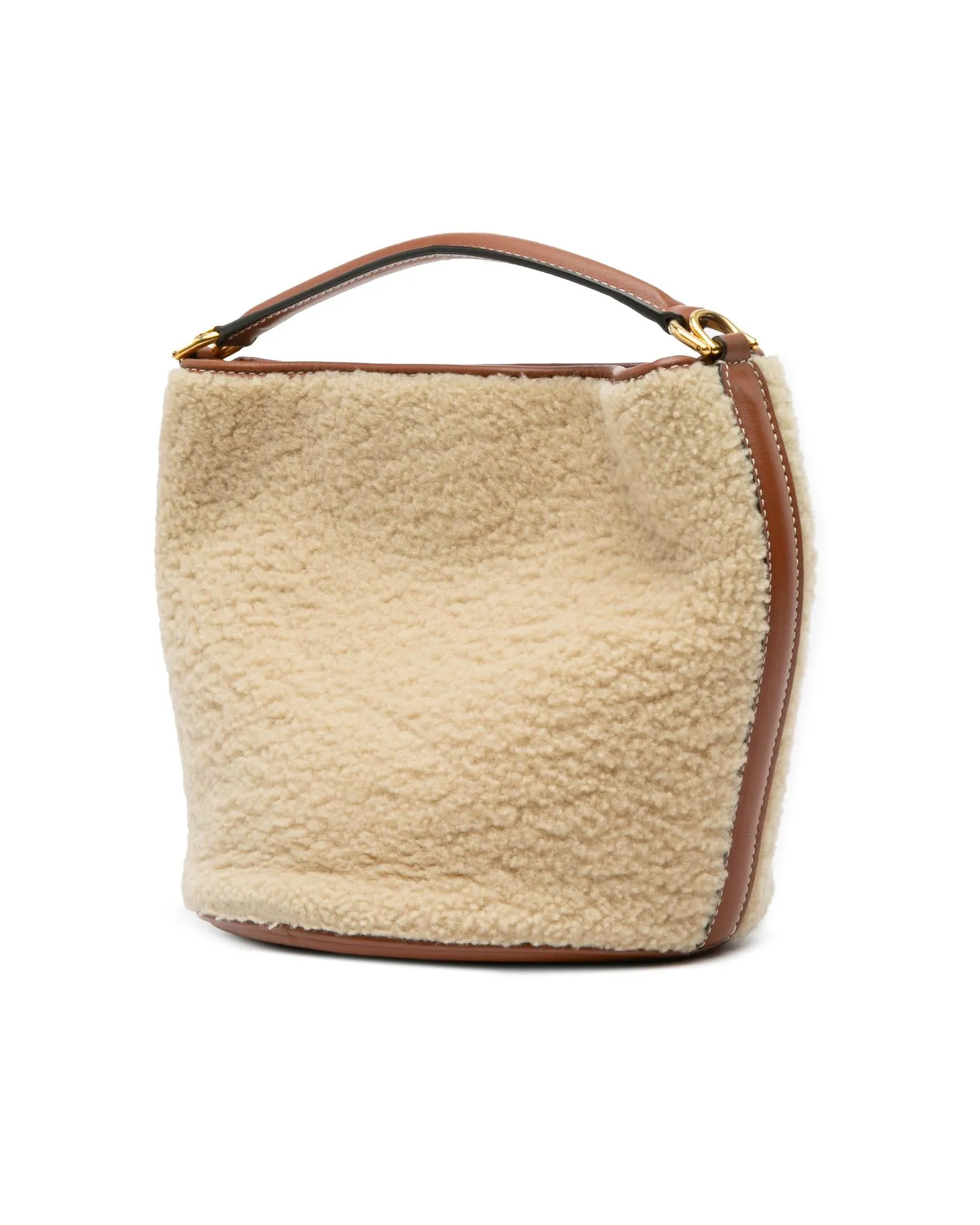 Shearling Bucket Bag with Leather Trim and Turn-Lock Closure