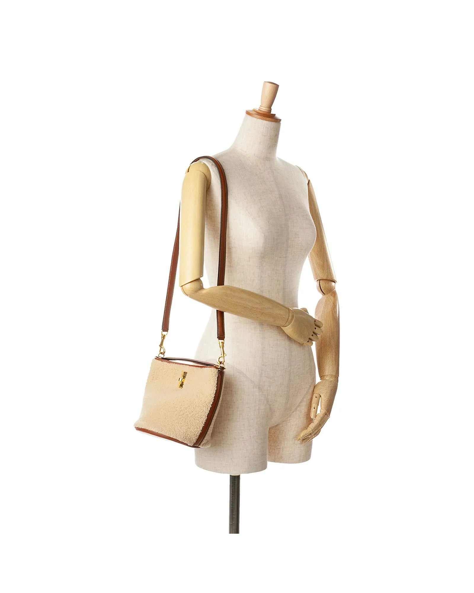 Shearling Bucket Bag with Leather Trim and Turn-Lock Closure