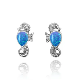 Sterling Silver Seahorse Stud Earrings with Pear Shape Blue Opal