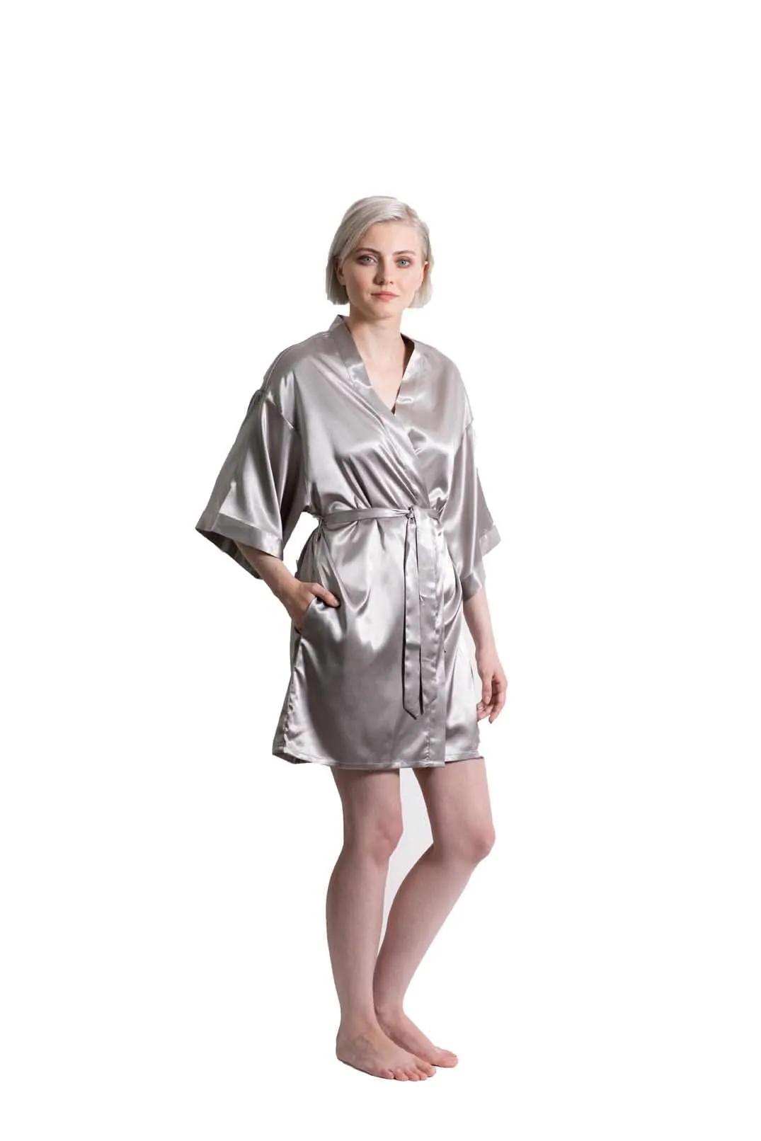 Woman’s Classic Satin Kimono Short Robe, Luxury & Lightweight, Comfortable Robe, (Grey)