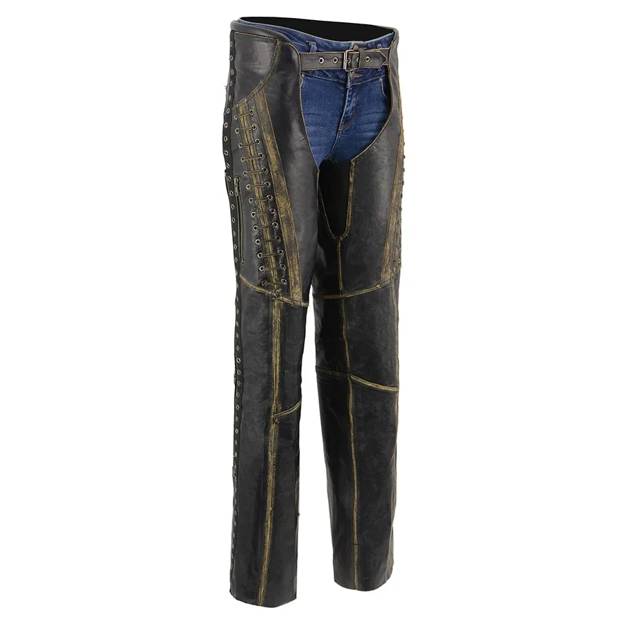 Women Distressed Brown Beltless Leather Chaps with Lace & Star Accents