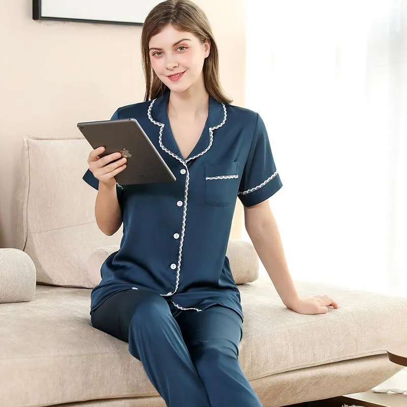 Women's Beautifully Satin Short Sleeve Notch Collar Pajama Set