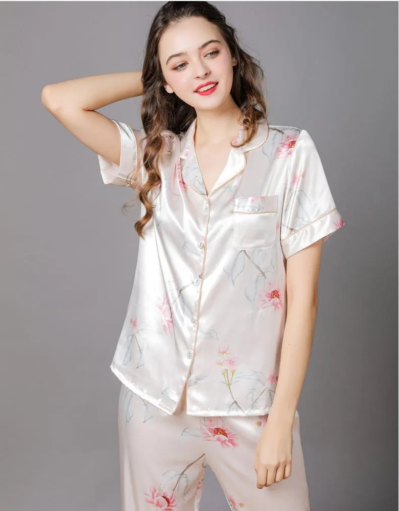 Women's Floral Print Short Satin Pajamas Set