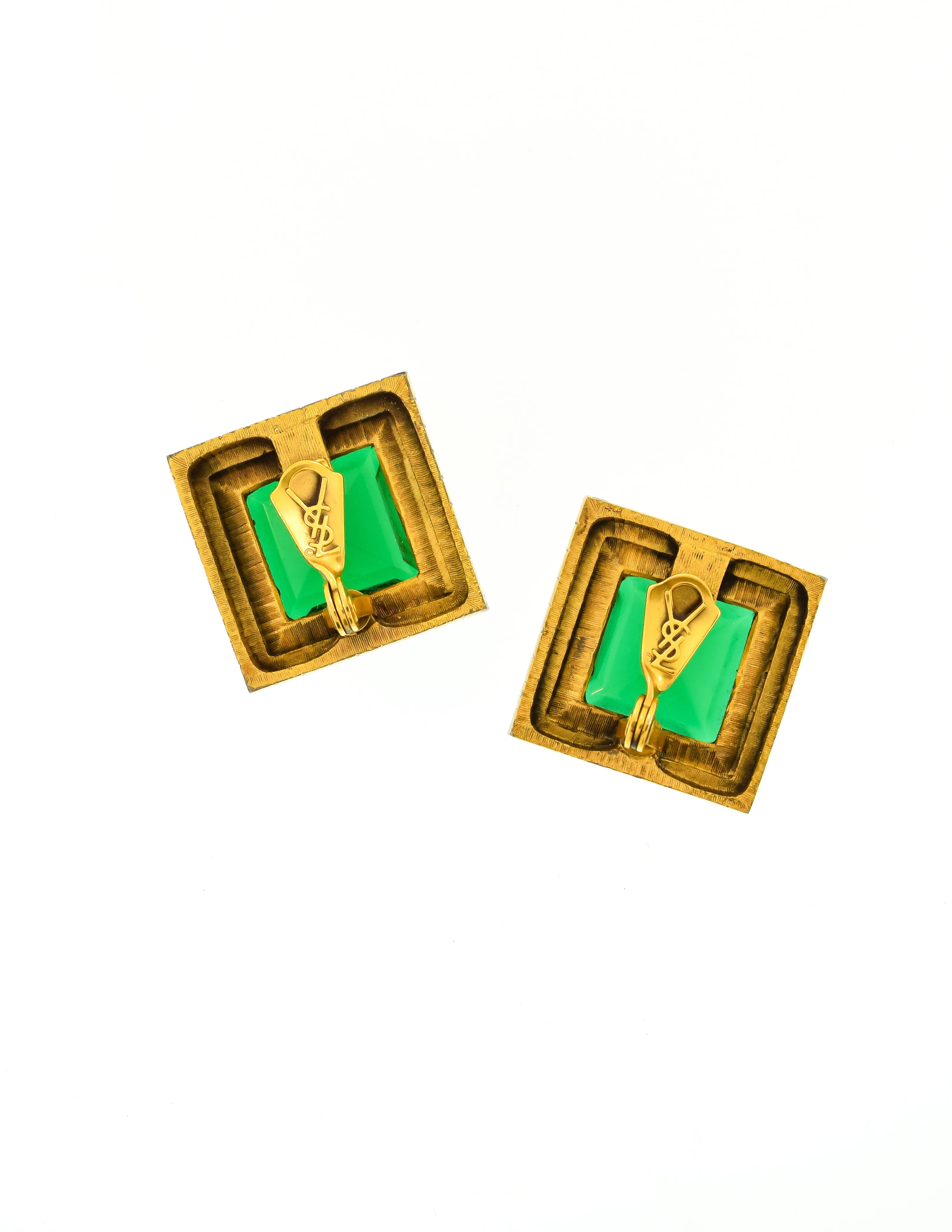 YSL Vintage Green Faceted Brass Pyramid Stud Frame Earrings